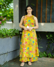 vibrant yellow Floral Kalamkari base A-line Kurti Palazzo pants