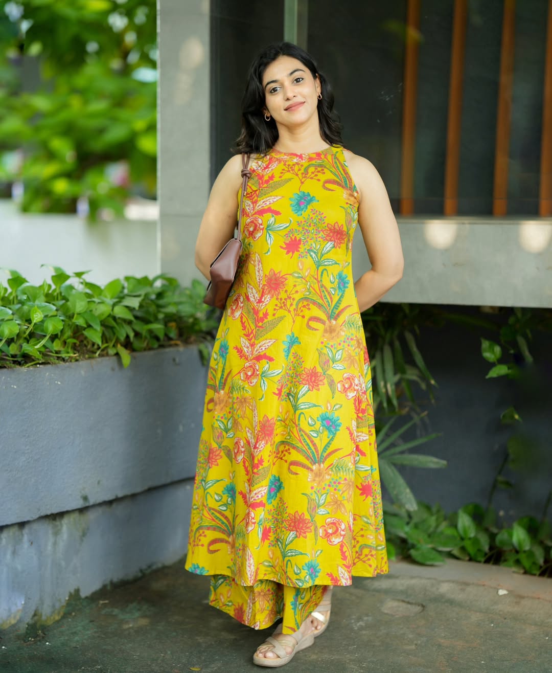 vibrant yellow Floral Kalamkari base A-line Kurti Palazzo pants