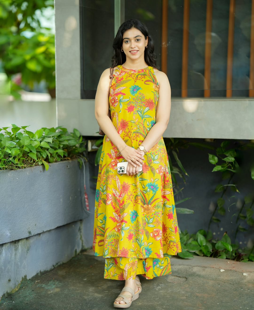 vibrant yellow Floral Kalamkari base A-line Kurti Palazzo pants