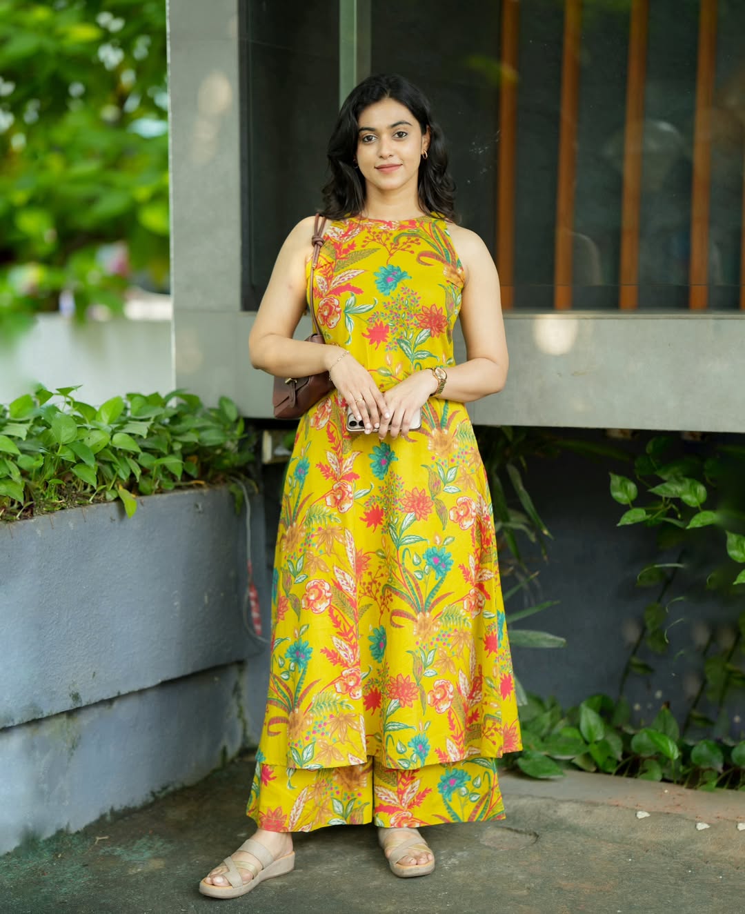 vibrant yellow Floral Kalamkari base A-line Kurti Palazzo pants