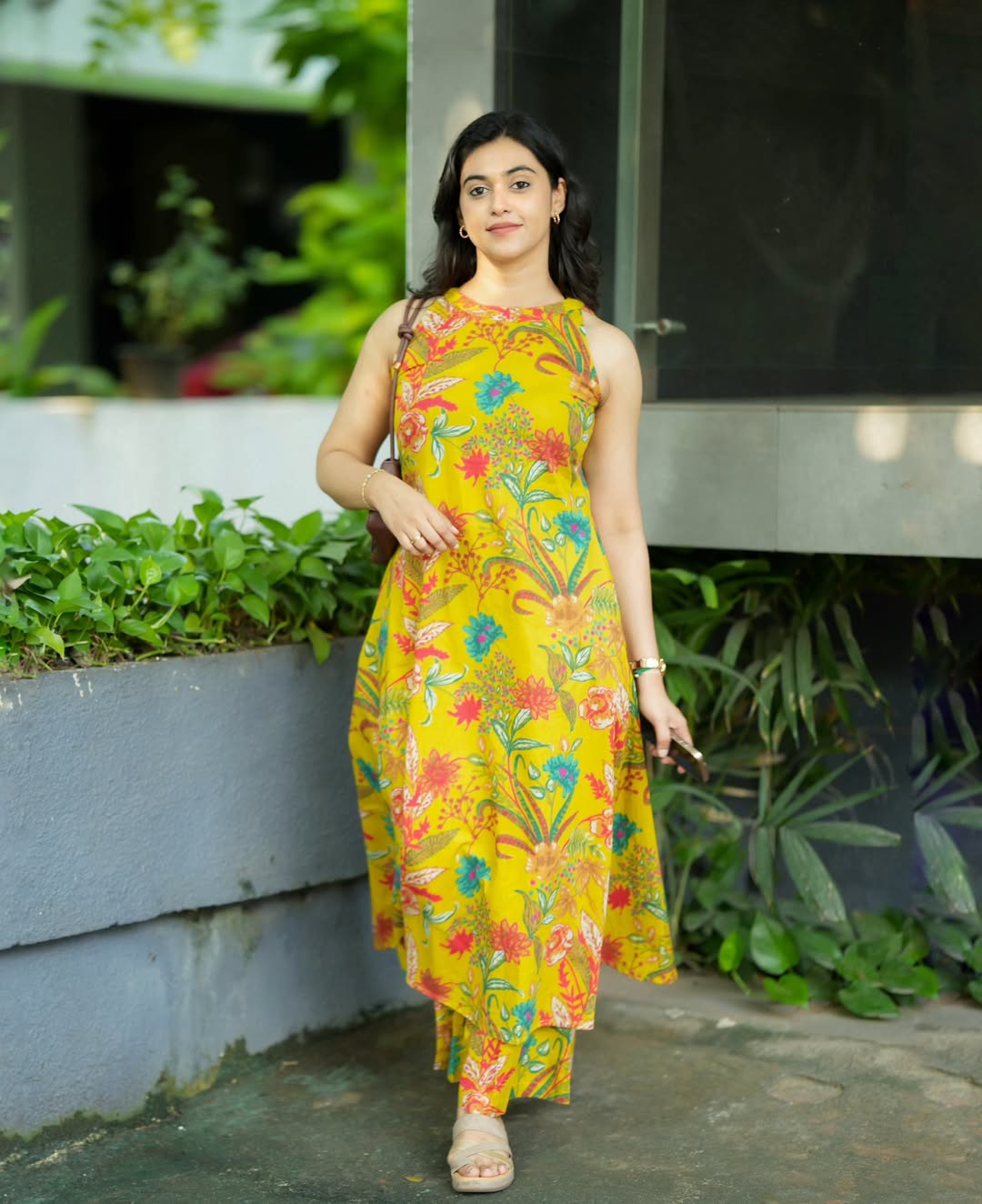 vibrant yellow Floral Kalamkari base A-line Kurti Palazzo pants