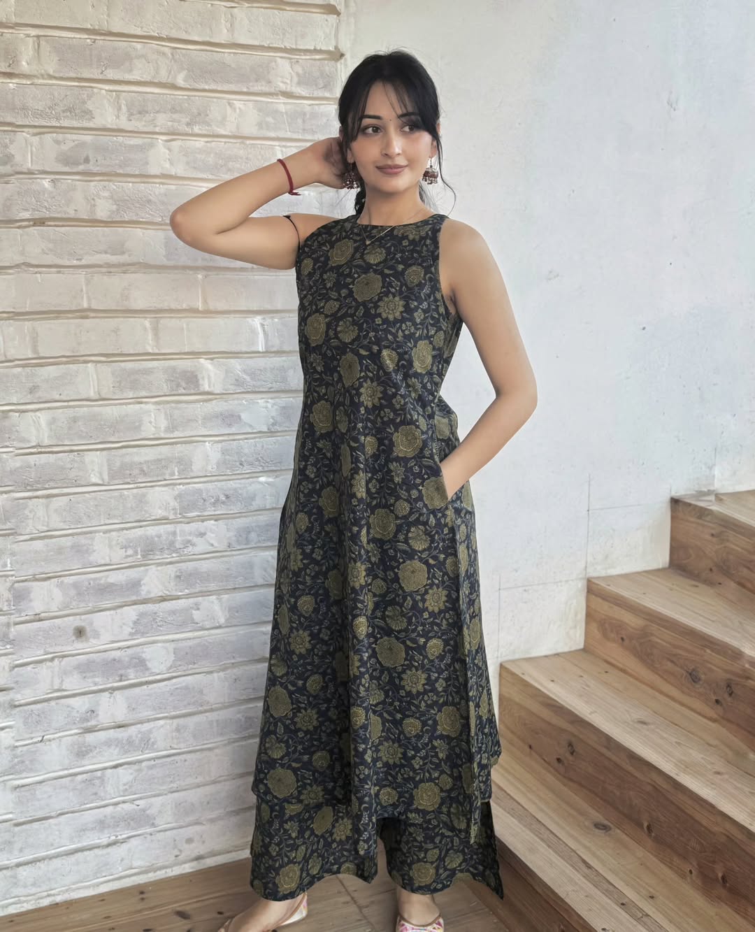 Beautiful A line Nevi blue Gold Foil Print design  kurti  set