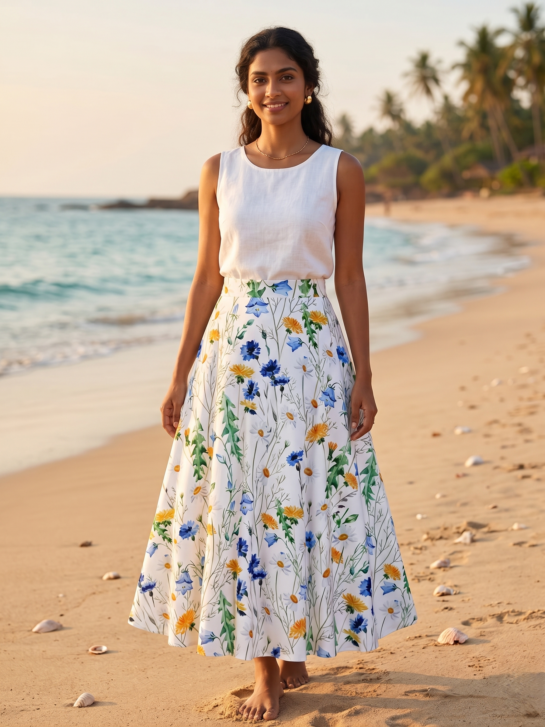 Vintage Floral High Waisted A line Midi Skirt  Wildflower Meadow Botanical Print