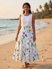 Vintage Floral High Waisted A line Midi Skirt  Wildflower Meadow Botanical Print