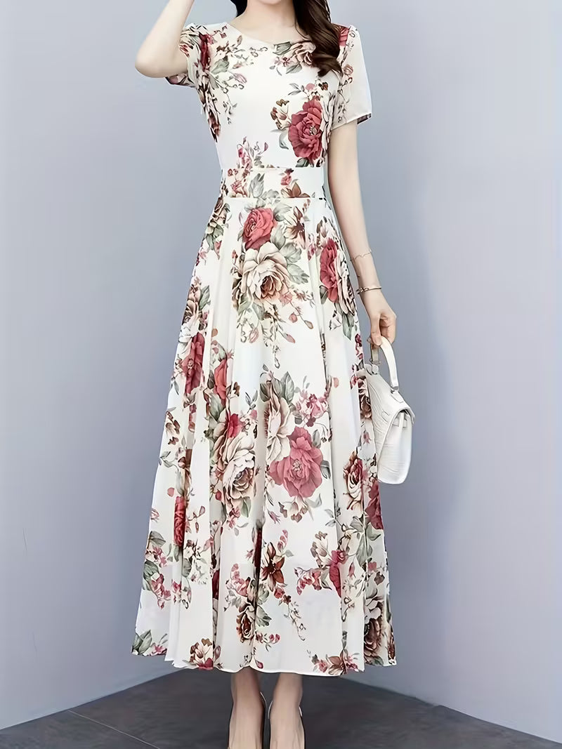 Short Sleeve Round Neck  Retro Rose Botanical Print Floral Chiffon Long Dress