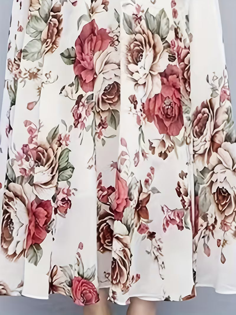Short Sleeve Round Neck  Retro Rose Botanical Print Floral Chiffon Long Dress
