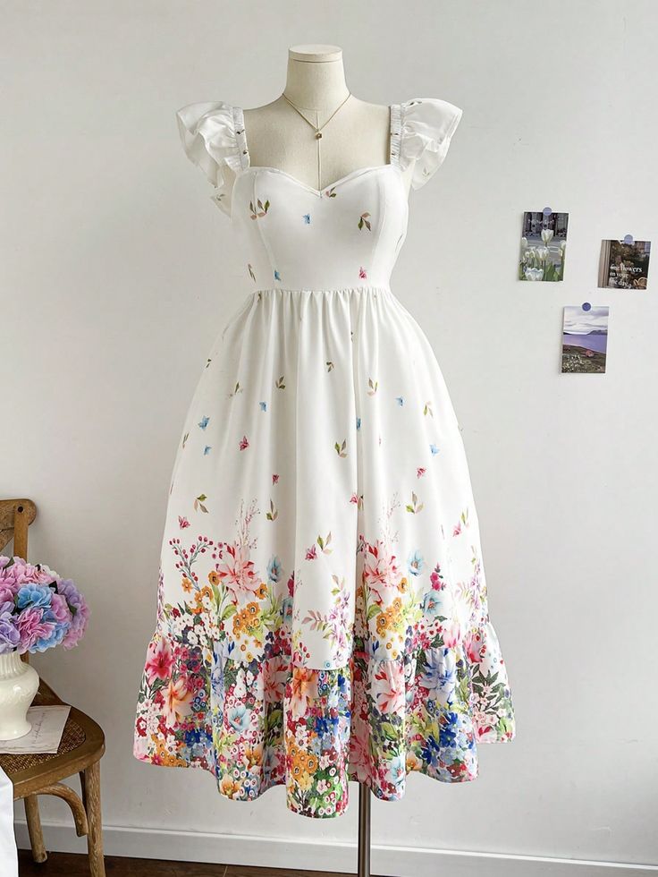 Sky Bloom Vintage Floral Midi Dress