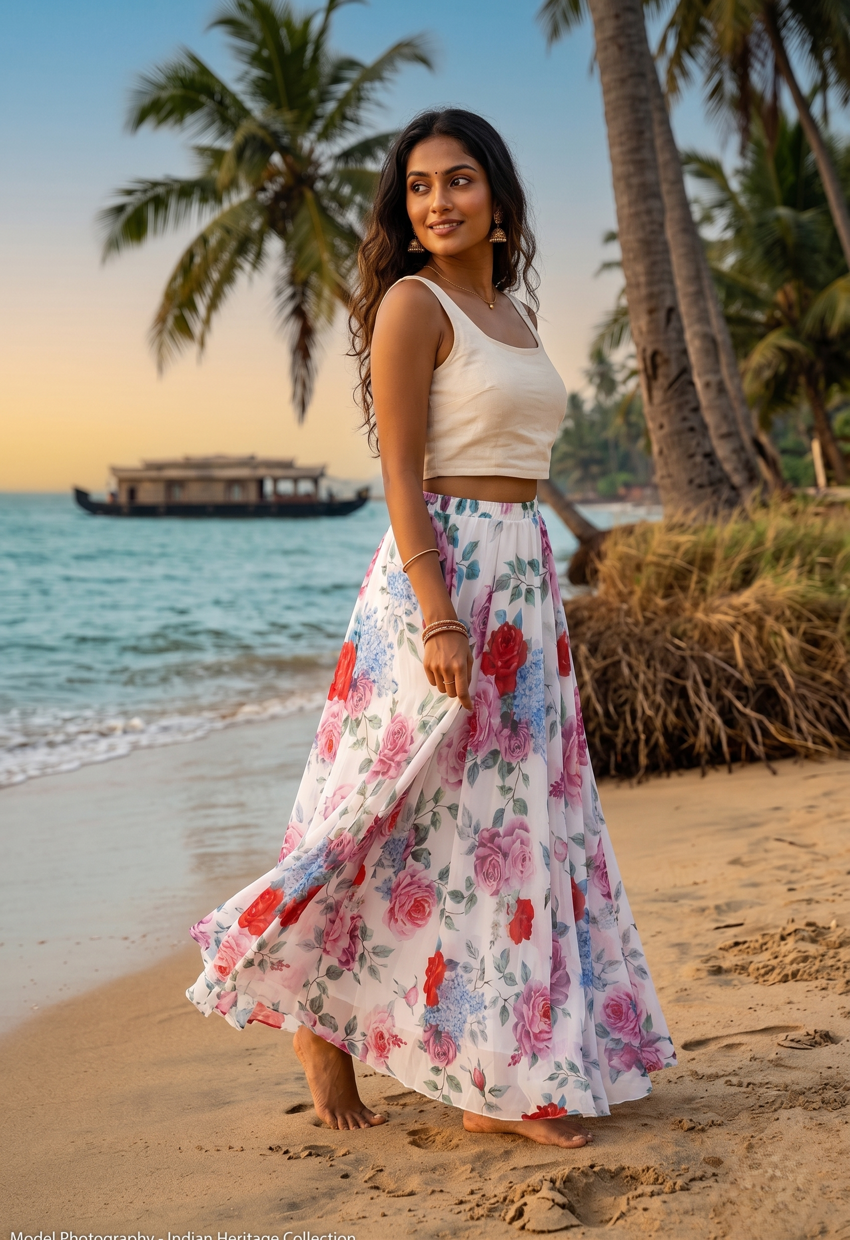 White rose and hydrangea floral chiffon maxi skirt elastic waist