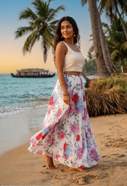 White rose and hydrangea floral chiffon maxi skirt elastic waist