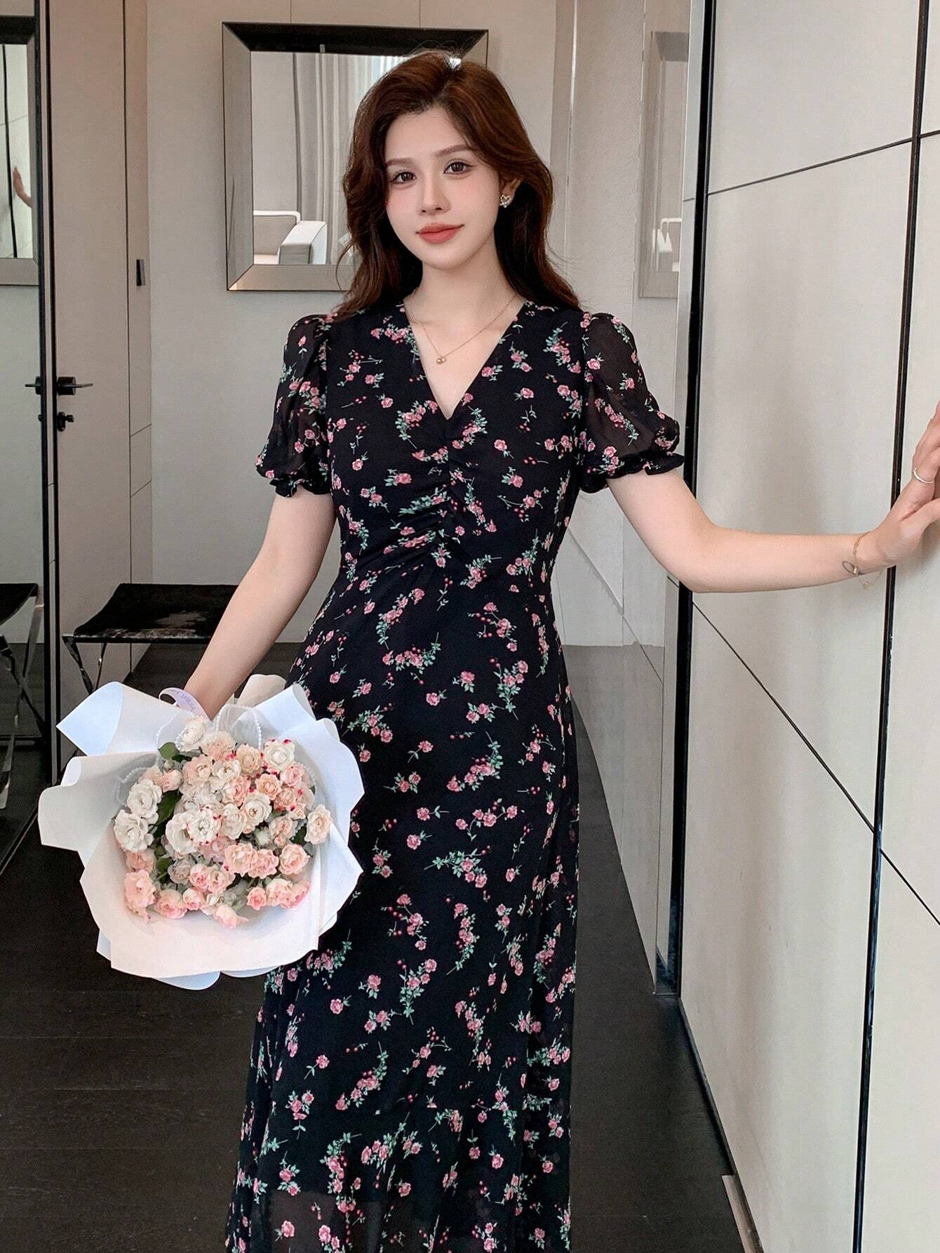 Women Black Dress with Mini Pink Floral Design Elegant Contrast Styling