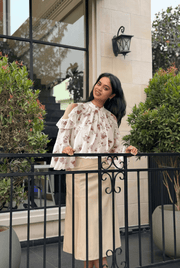 Women's Pink Floral Cold Shoulder Chiffon Top | Ruffle Flounce Sleeves