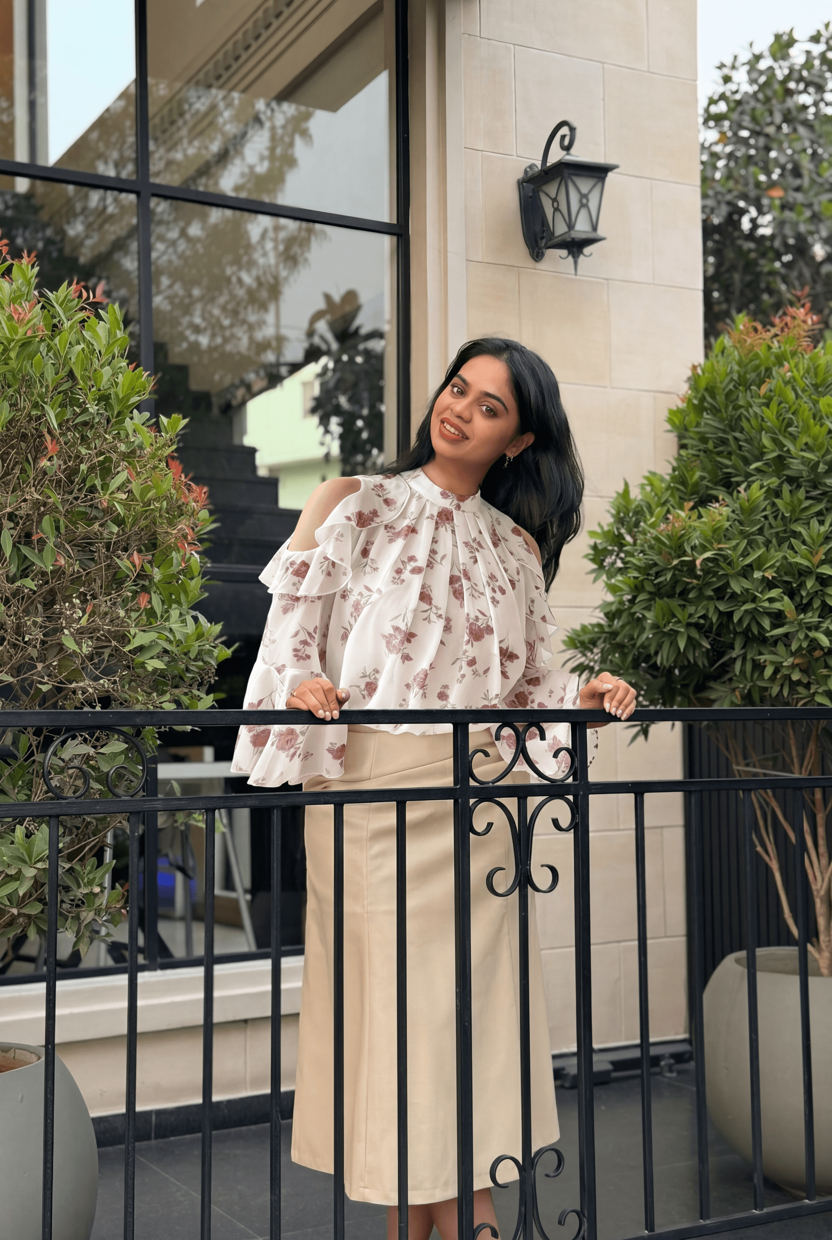 Women's Pink Floral Cold Shoulder Chiffon Top | Ruffle Flounce Sleeves