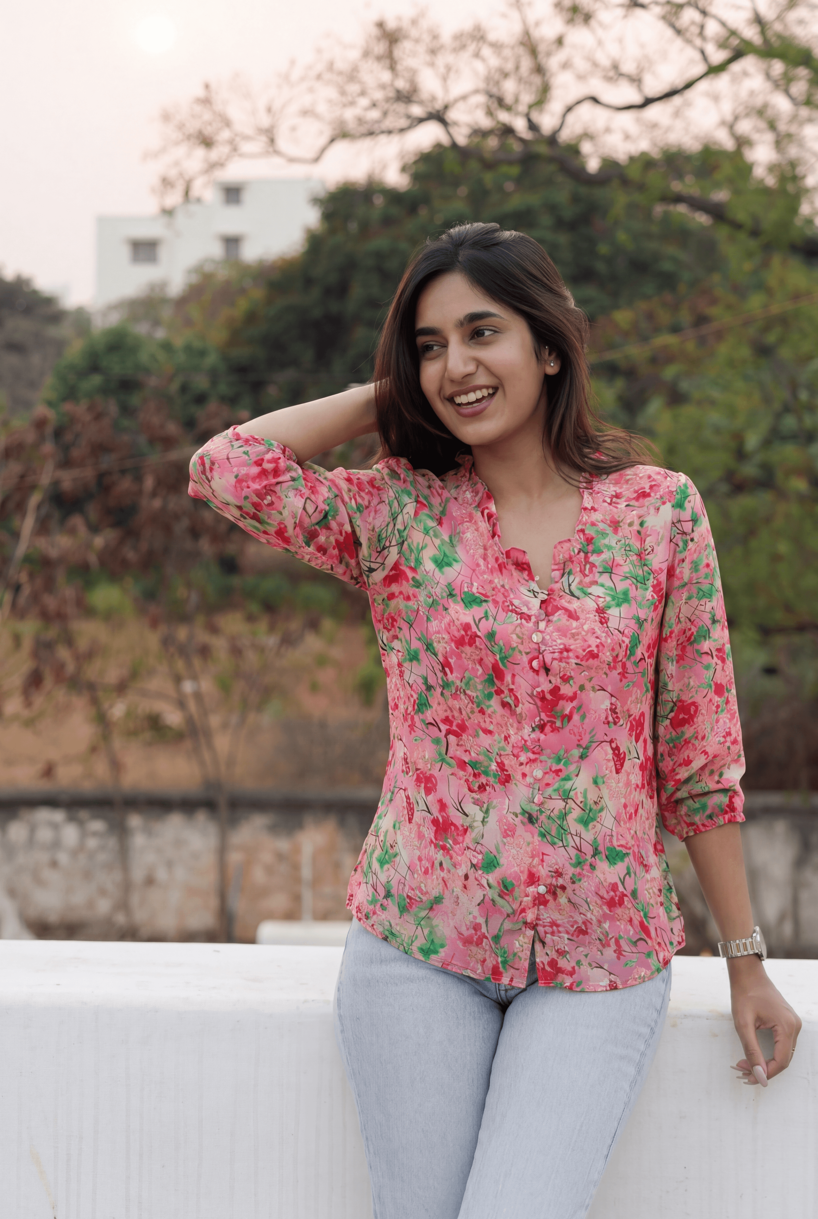 Women's Vintage Rose Floral Chiffon Shirt | Ruffle Collar Elastic Cuffs