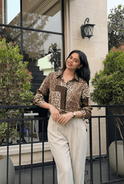 Women's Leopard Print Patchwork Satin Crepe Shirt | Animal Print Top