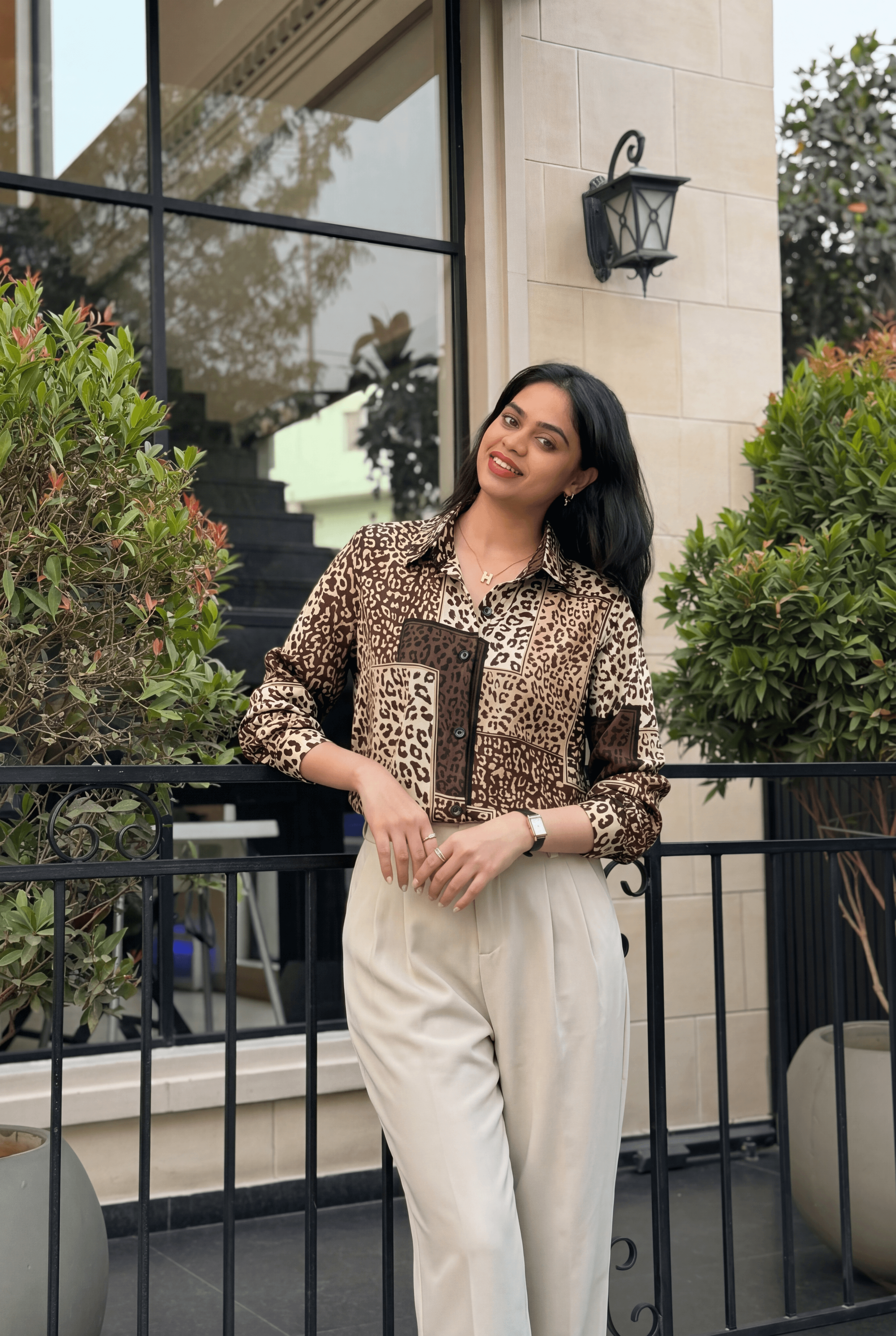 Women's Leopard Print Patchwork Satin Crepe Shirt | Animal Print Top