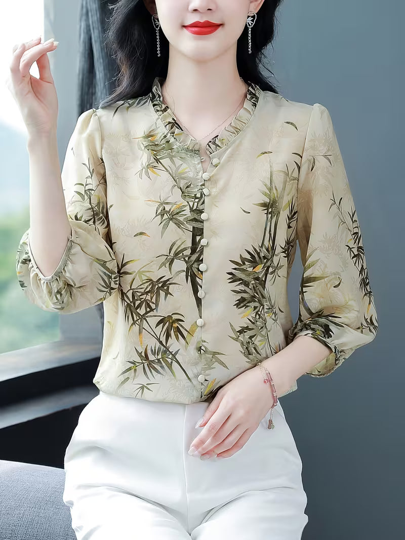 Elegant Bamboo Print Chiffon  with Ruffled V-Neck and 3/4 Sleeves TOP