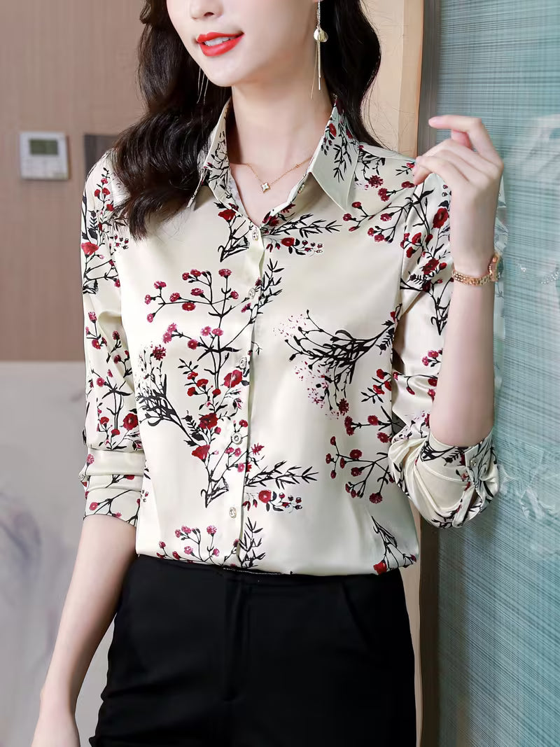 Elegant Floral Print Satin Button-Down Top - Champagne