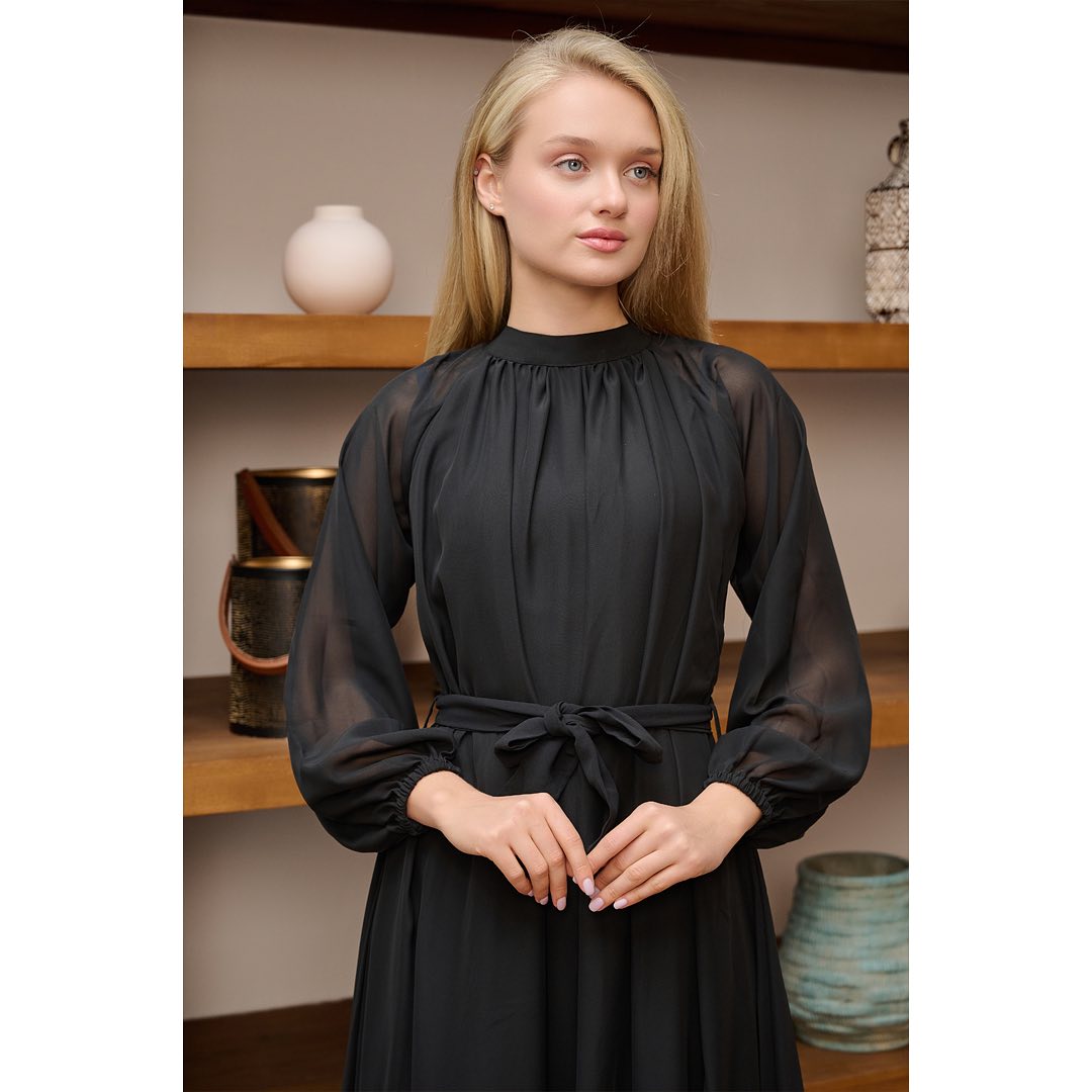 Noir Whisper Z Black Chiffon Midi Dress with High Neck & Sheer Sleeves