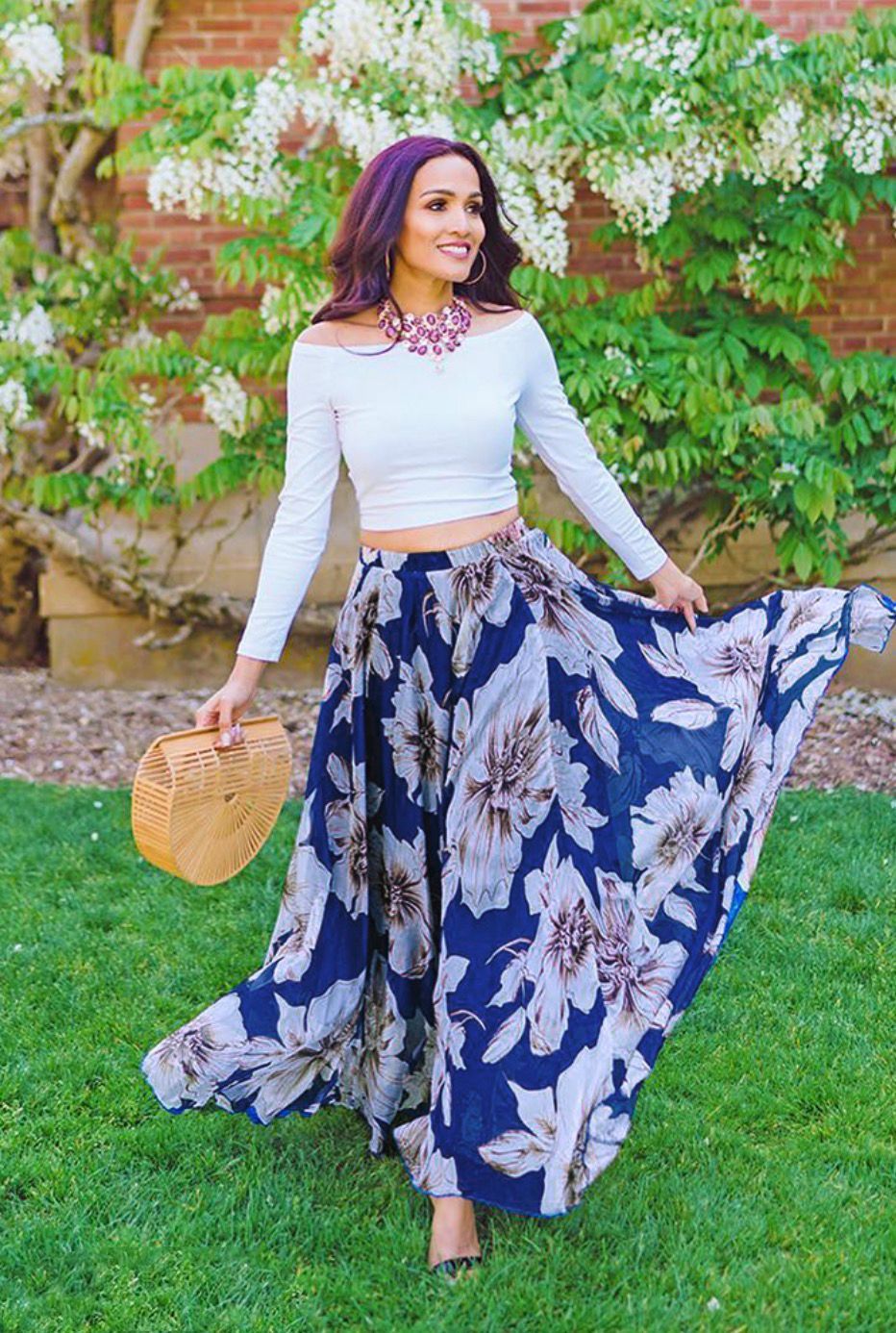 Navy Blue Floral Elegance Maxi Skirt Statement Large Blooms with Airy Feminine Flow