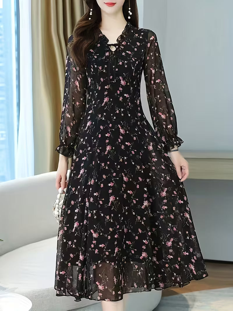 Dark elegant base with delicate pastel floral Dress