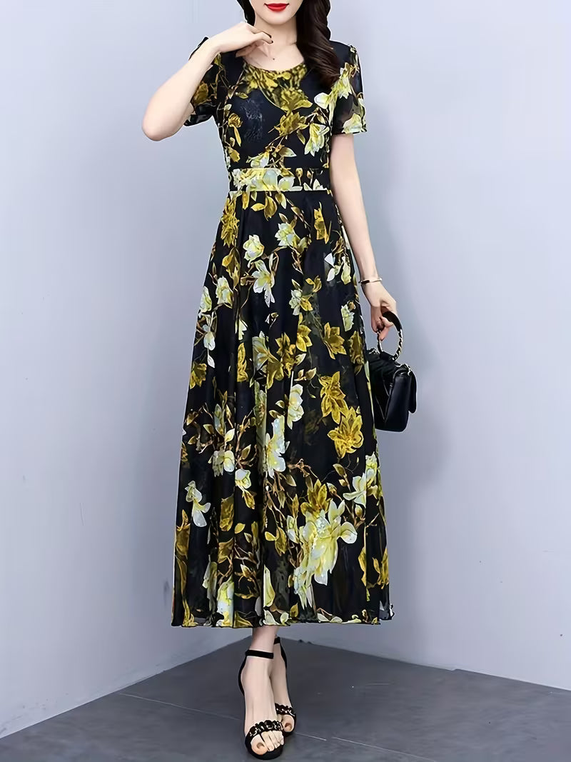 Elegant Black Chiffon Dress with Gold Foil Floral Print Dress