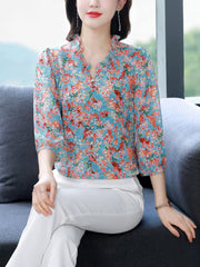 Premium Sky Blue Ditsy Floral Chiffon Top with Ruffle Neck
