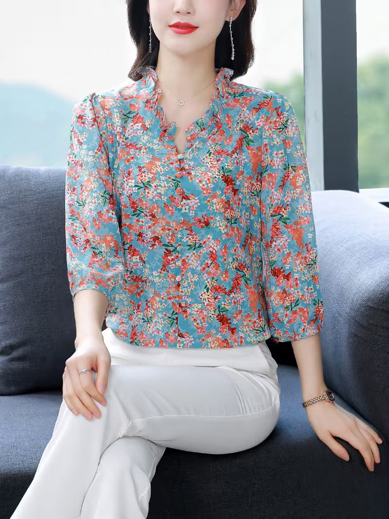 Premium Sky Blue Ditsy Floral Chiffon Top with Ruffle Neck