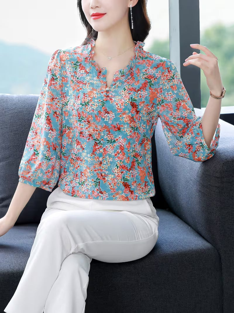 Premium Sky Blue Ditsy Floral Chiffon Top with Ruffle Neck