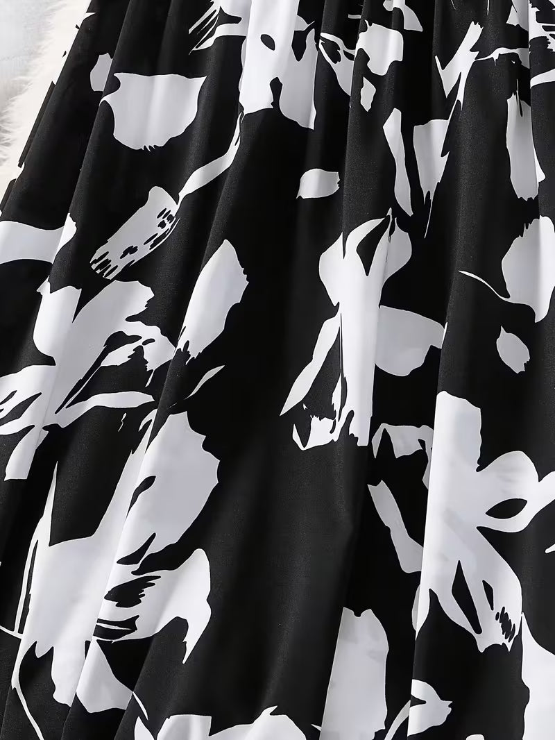 Modern Monochrome Floral Flared Skirt Black Base with White Abstract Florals and Airy Feminine Fit