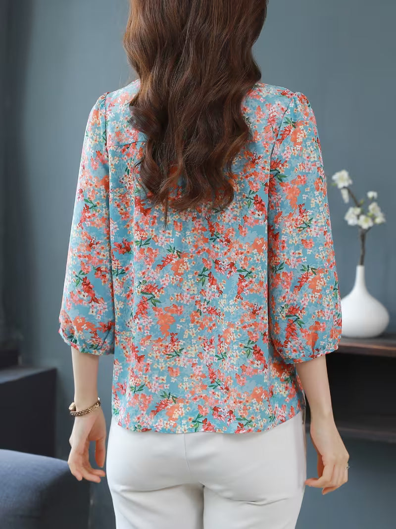 Premium Sky Blue Ditsy Floral Chiffon Top with Ruffle Neck