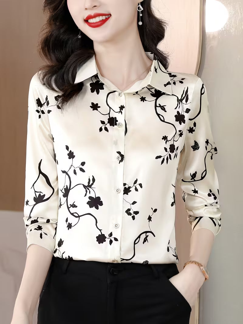 The Monochrome Botanical Satin Shirt in Champagne & Black