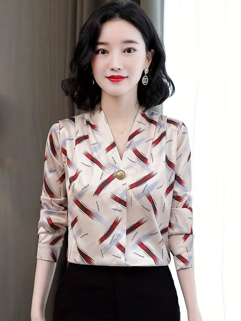 V-Neck Satin Silk Shirt in Geometric Brushstroke Print