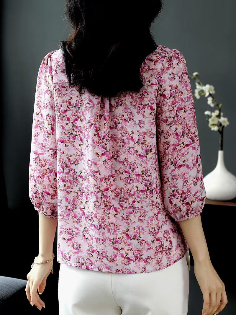 Elegant Bamboo Print Chiffon  with Ruffled V-Neck and 3/4 Sleeves TOP (Copy) (Copy)