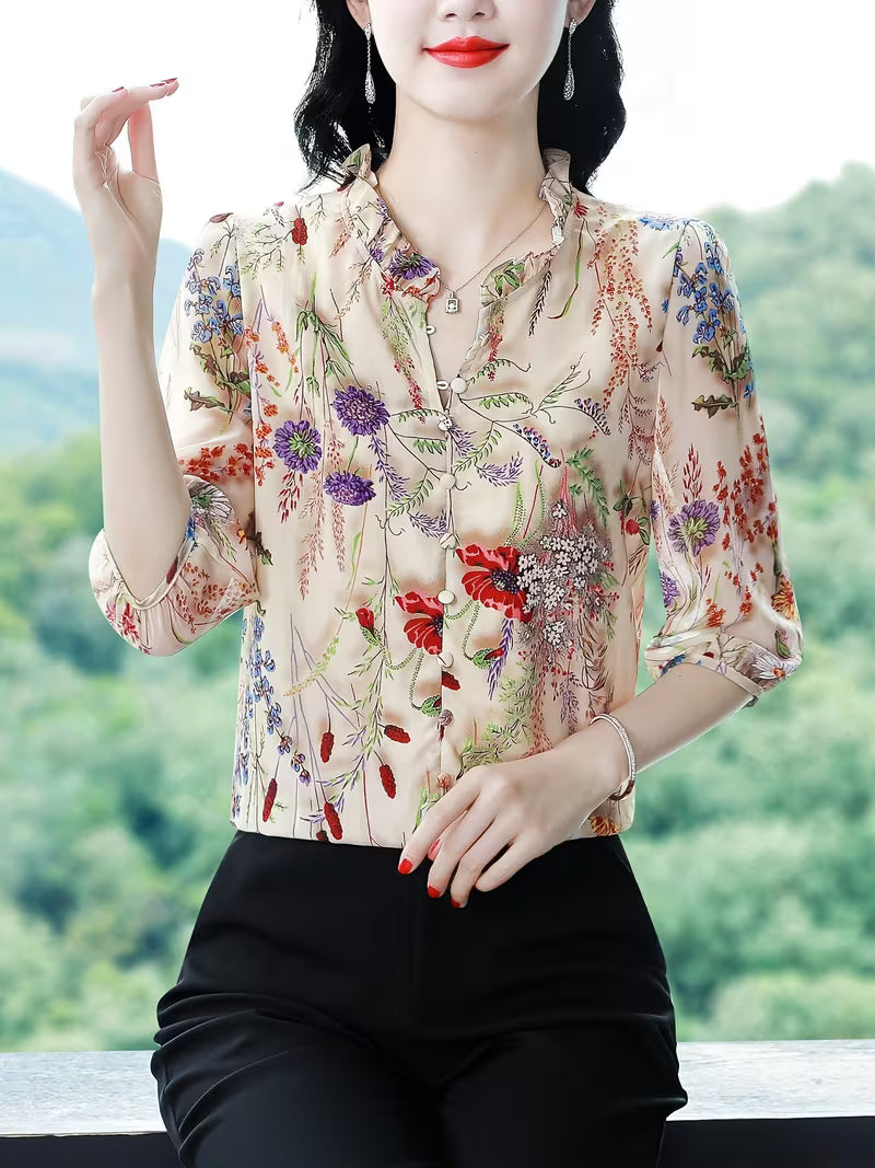 Champagne Silk-Satin Botanical Print Shirt – Vintage Ruffle Collar Edition