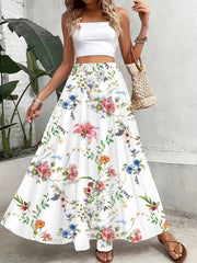 White Floral Printed Rayon Crepe Long Skirt