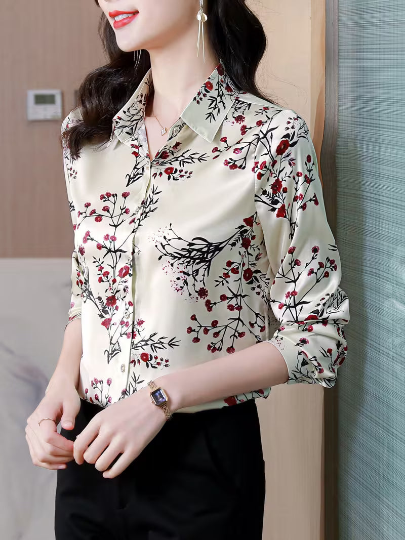 Elegant Floral Print Satin Button-Down Top - Champagne