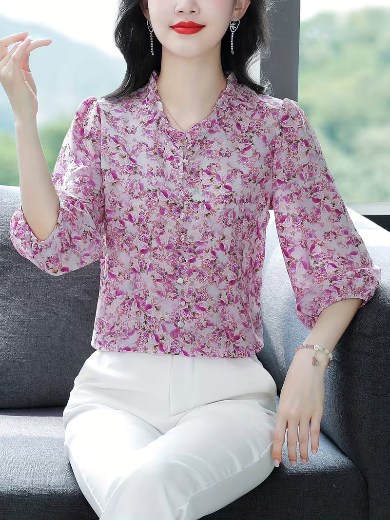 Elegant Bamboo Print Chiffon  with Ruffled V-Neck and 3/4 Sleeves TOP (Copy) (Copy)