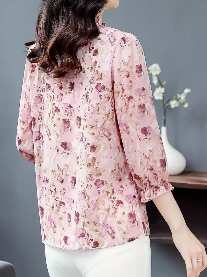 Elegant Floral Ruffle And Soft Pink & Burgundy Floral Top