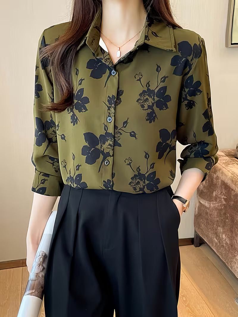 This sophisticated shirt features a rich green base adorned with dark floral Shirt