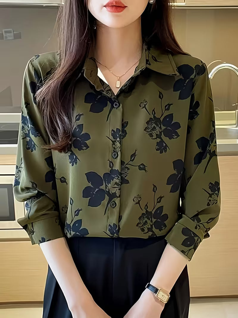 This sophisticated shirt features a rich green base adorned with dark floral Shirt