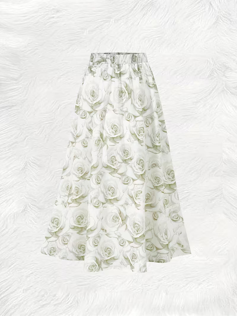 Classic White Rose Floral Women’s Long Skirt