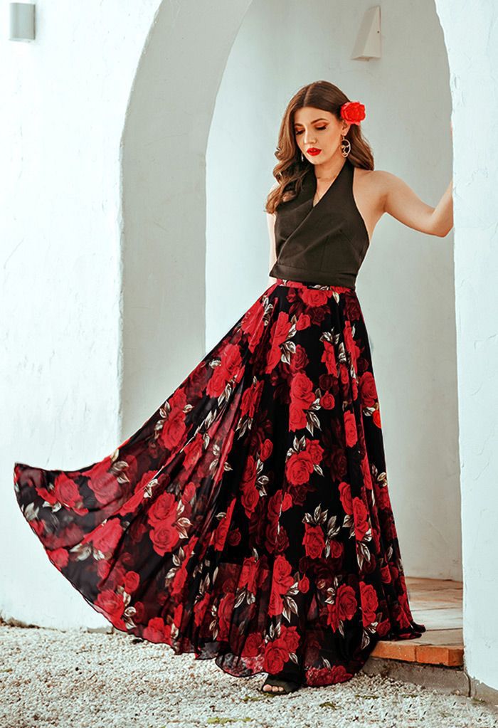 Women Midnight Rose Red Floral Printed Maxi Skirt  Flowing Lightweight Chiffon Fabric with Soft Draped Silhouette for Romantic