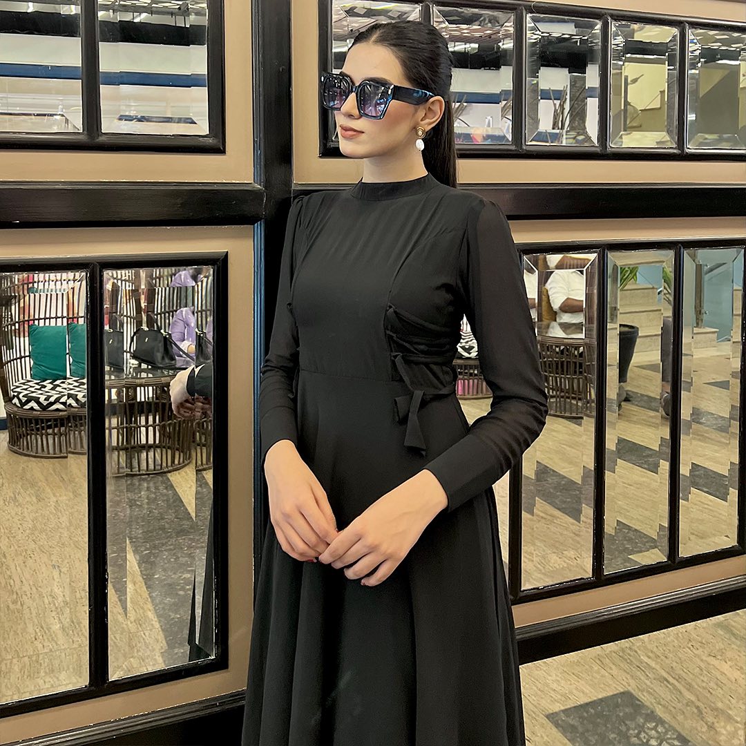 Black Georgette Maxi Dress with High Mock Neck and Sheer Full Sleeves
