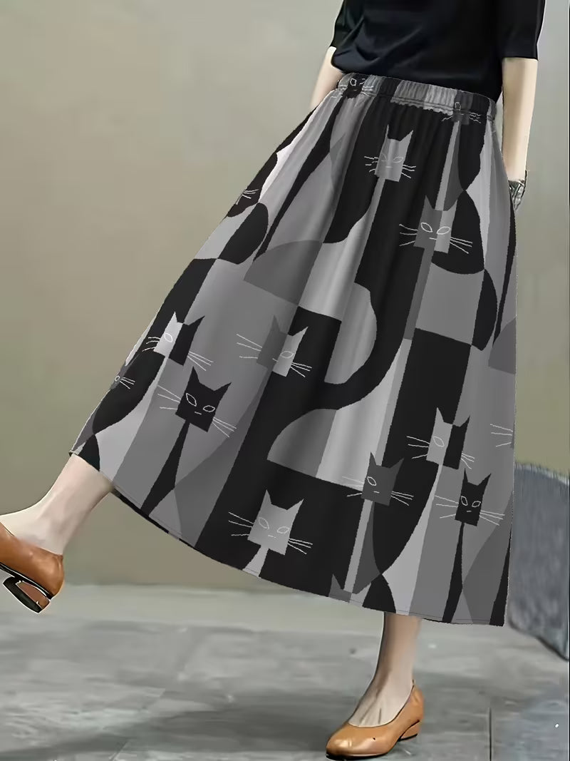The "Feline Mod" Midi: Abstract Geometric A-Line Skirt