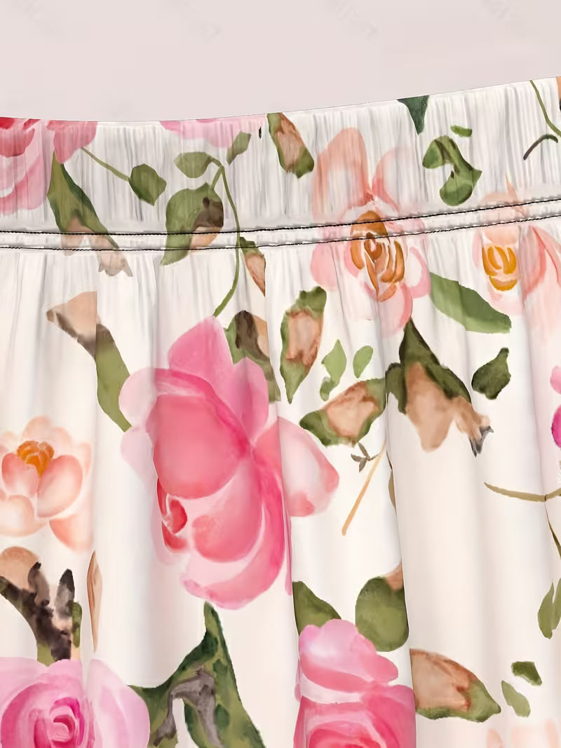 High-Waisted A-Line Floral Maxi Skirt - Romantic Rose Print Flowy Summer Skirt