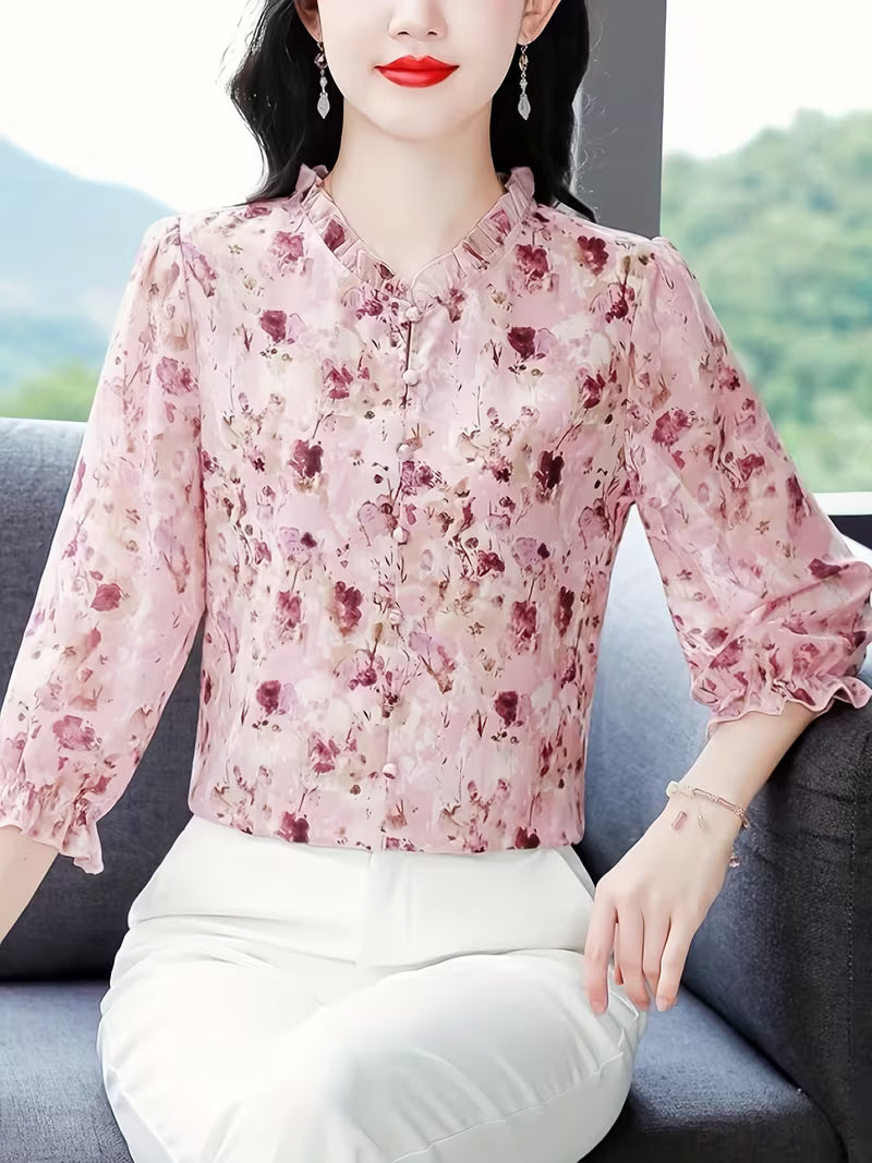 Elegant Floral Ruffle And Soft Pink & Burgundy Floral Top