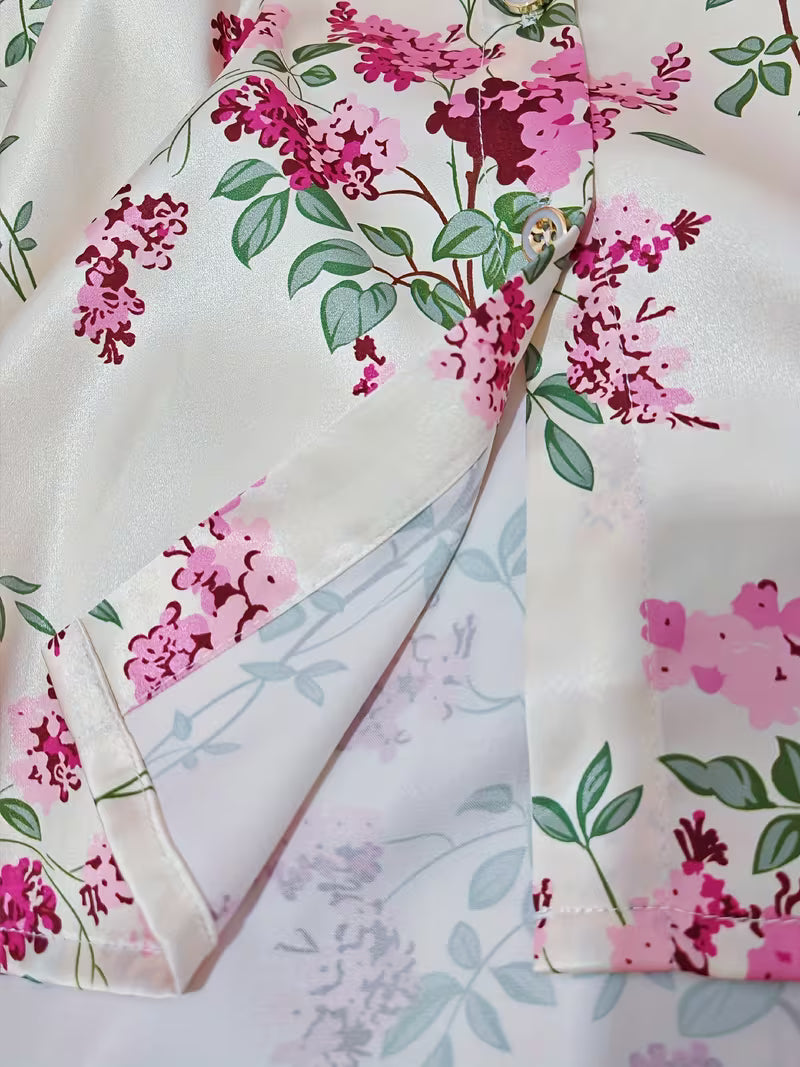 Vintage Botanical Floral Print Button-Down Satin Shirt