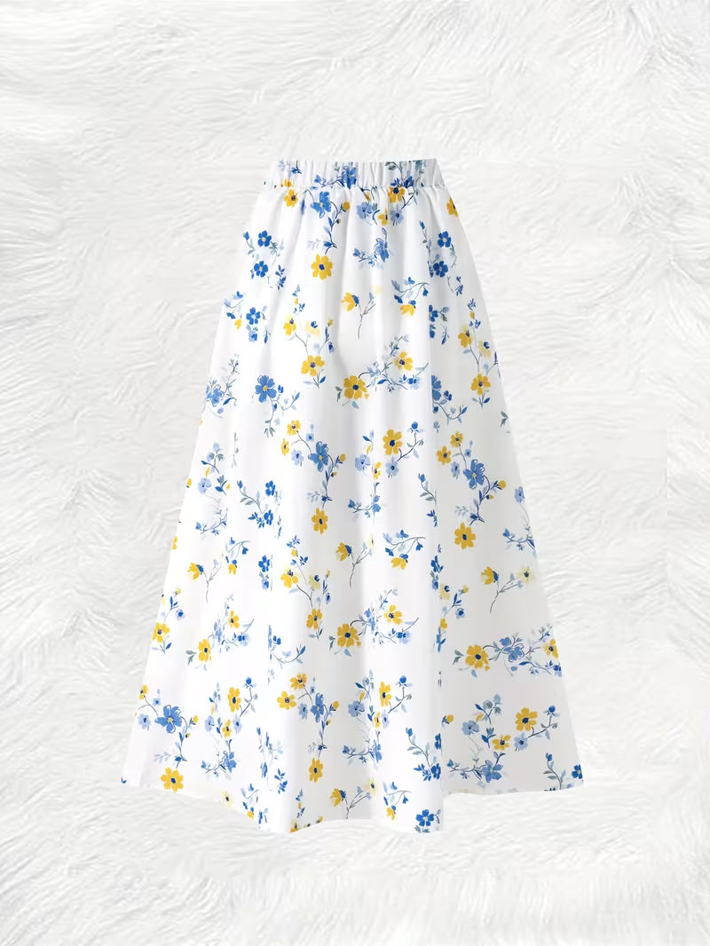 Women Blue Meadow Floral A Line Skirt  Airy Fabric with Graceful Movement and Elegant Pastel