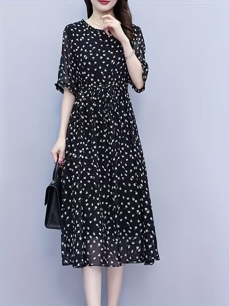 Elegant Black Ditsy Print Midi Dress