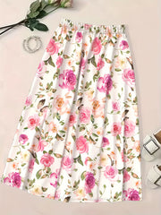 High Waisted A Line Floral Maxi Skirt  Romantic Rose Print Flowy Skirt